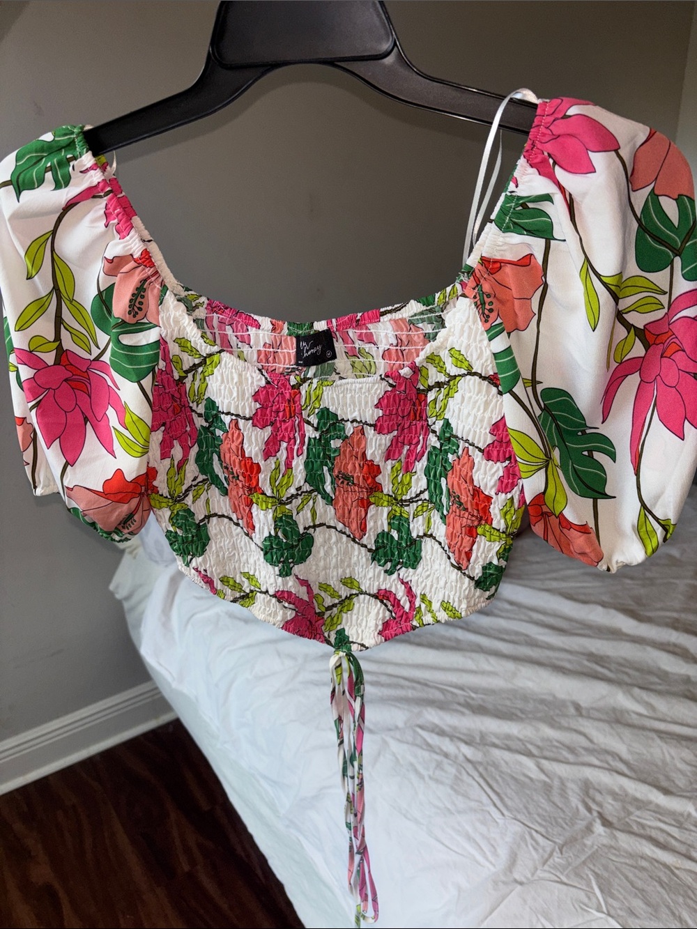 Smocked Floral Crop Top - Pink & Green
